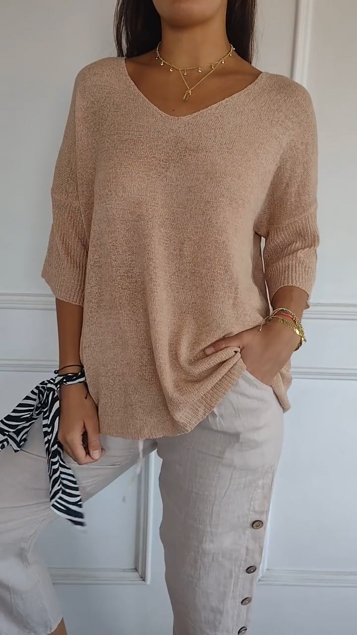 "AuraLuxe V-Neck Knit Top"